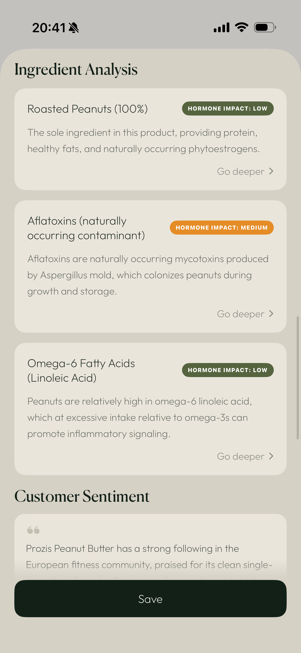 Ingredient results screen